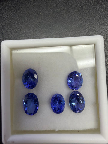 Oval tanzanite gemstones, four blue stones in a display tray