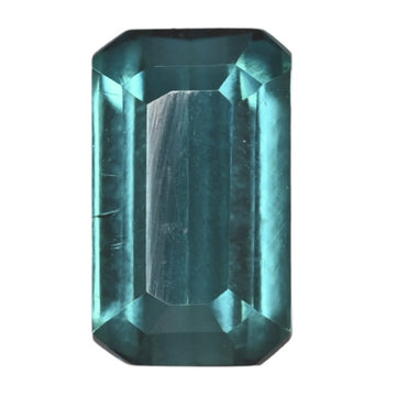 Teal emerald-cut tourmaline gemstone with step facets, rectangular shape