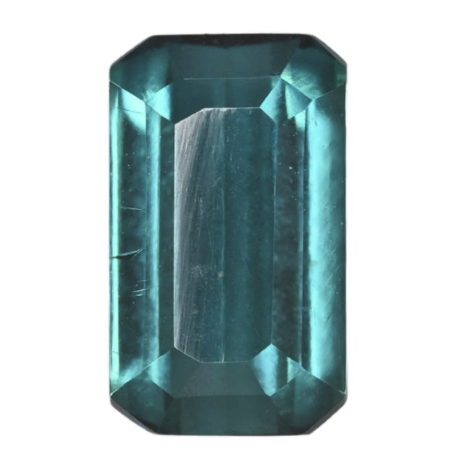 Teal emerald-cut tourmaline gemstone with step facets, rectangular shape