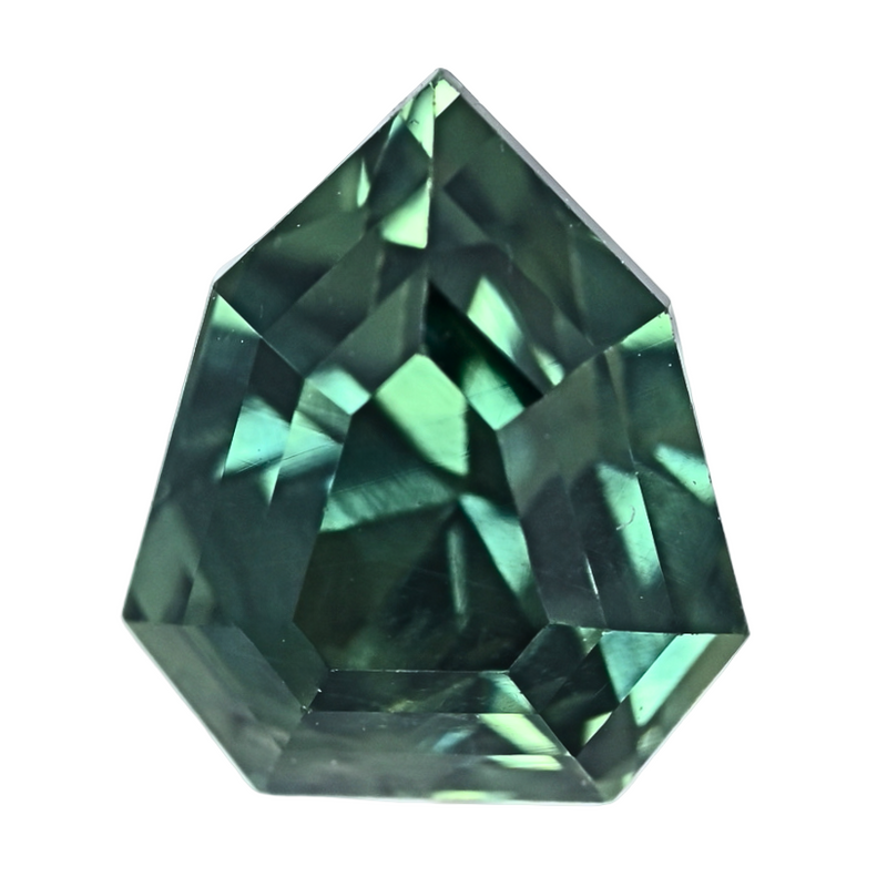Teal bi-color sapphire gemstone, emerald-cut facets, dark green teardrop