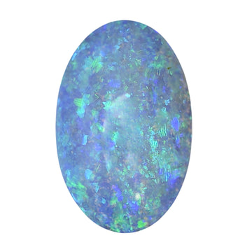 Oval boulder opal cabochon gemstone, blue with green and iridescent sparkle