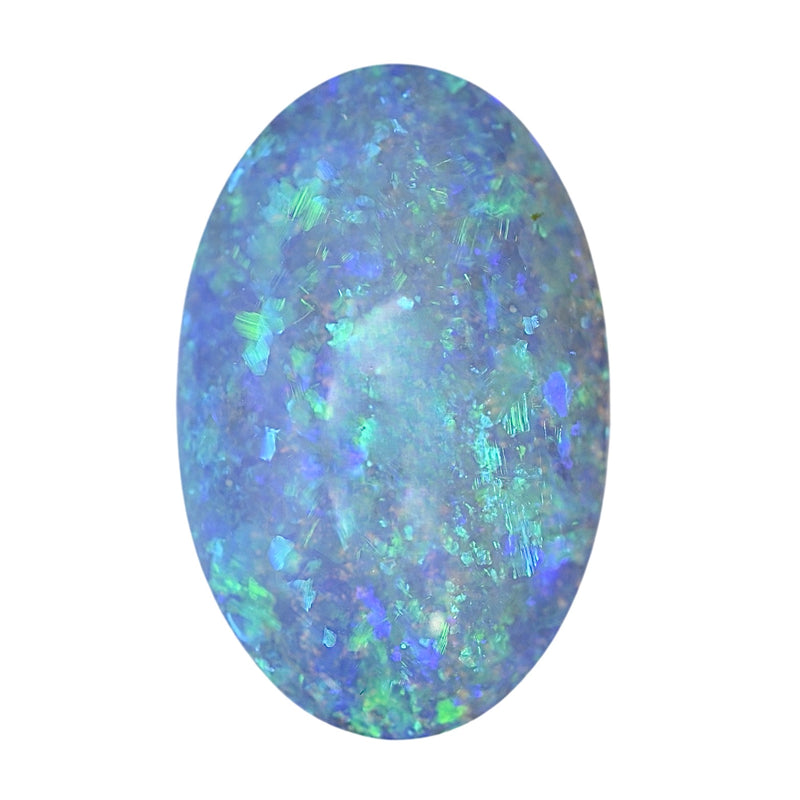 Oval boulder opal cabochon gemstone, blue with green and iridescent sparkle