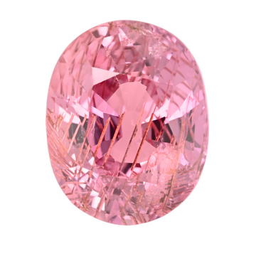 Oval pink sapphire gemstone, faceted, close-up view