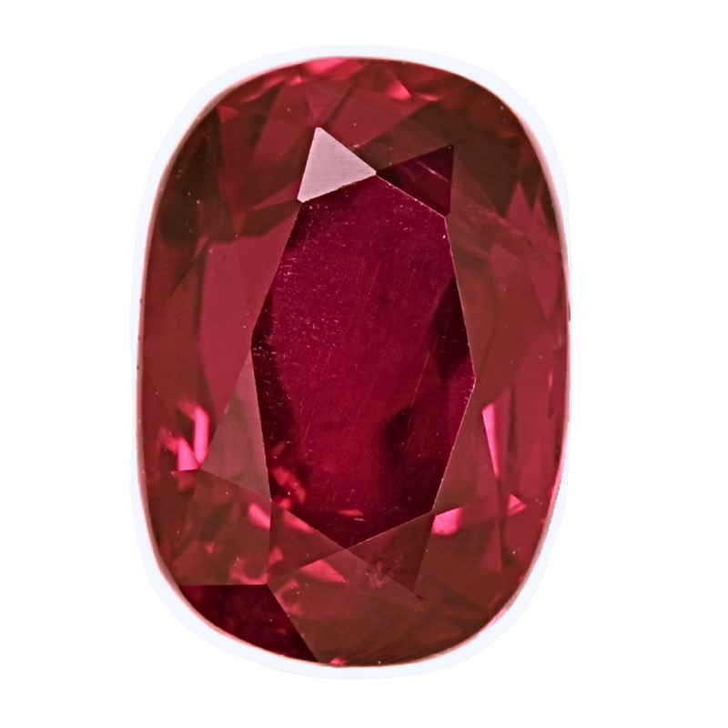 Oval dark red ruby gemstone with faceted crown and pavilion