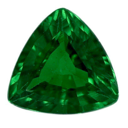 Faceted green tsavorite gemstone, triangular cut