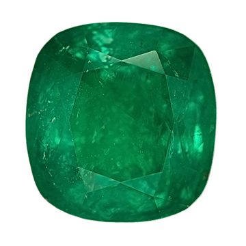 Faceted emerald-cut green gemstone, cushion-shaped
