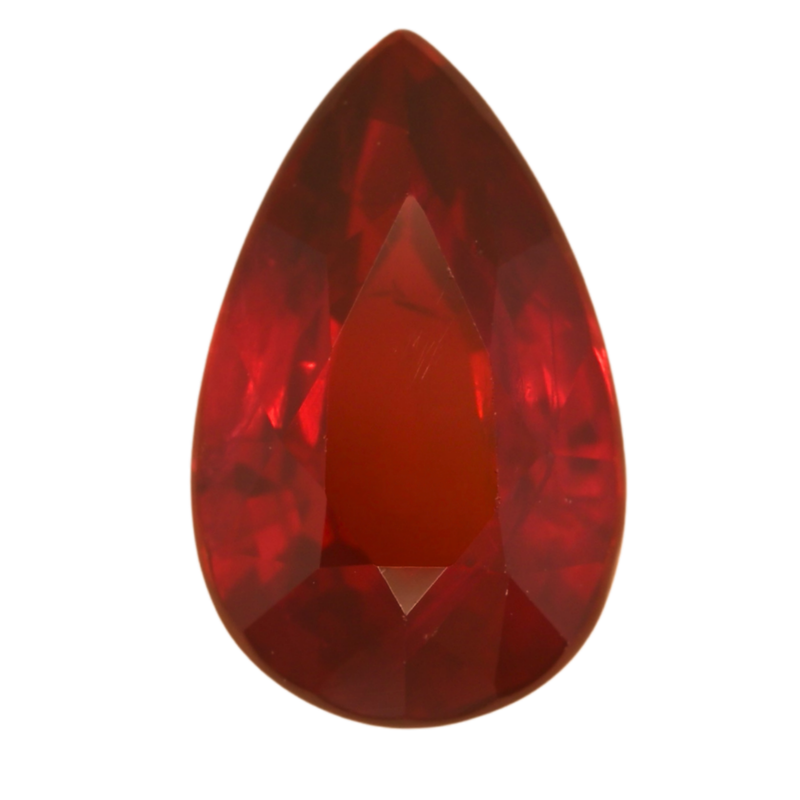 Pear-cut ruby gemstone, deep red, teardrop shape with facets