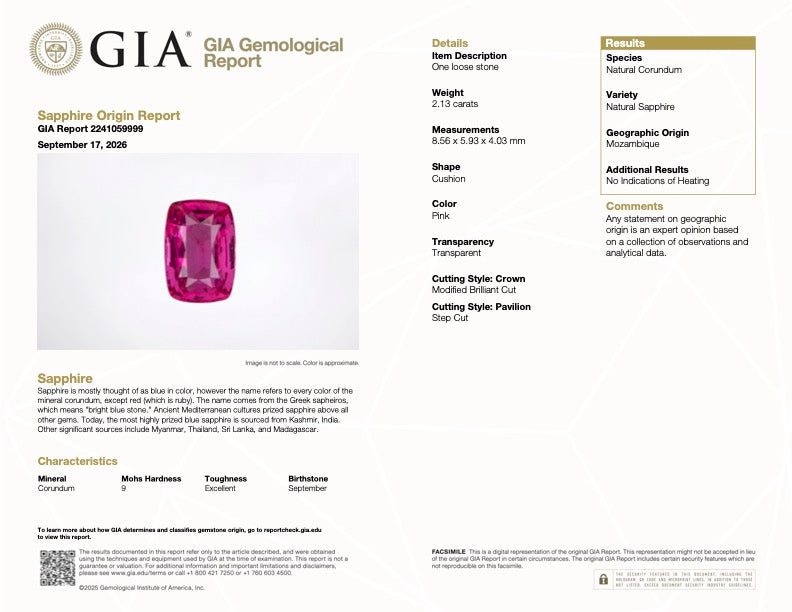Cushion-cut pink sapphire gemstone, vivid fuchsia tone