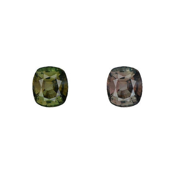 Cushion-cut alexandrite gemstone pair, green and color-shift gray-brown views