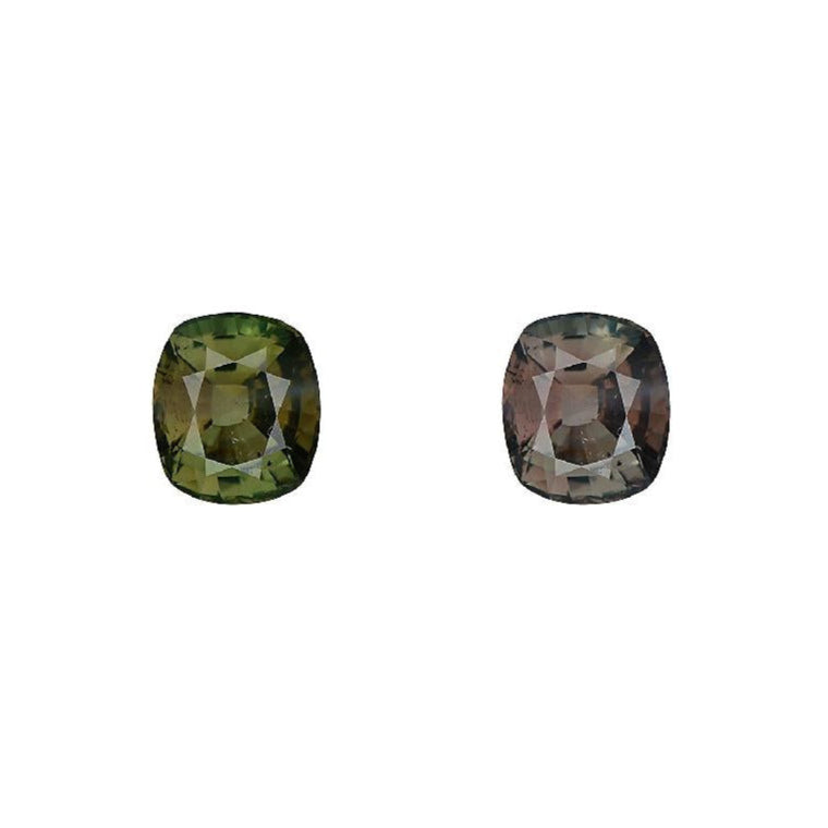 Cushion-cut alexandrite gemstone pair, green and color-shift gray-brown views