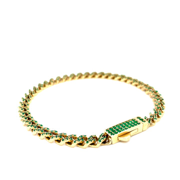 14k yellow gold emerald-green stone bracelet with hinged clasp detail on side