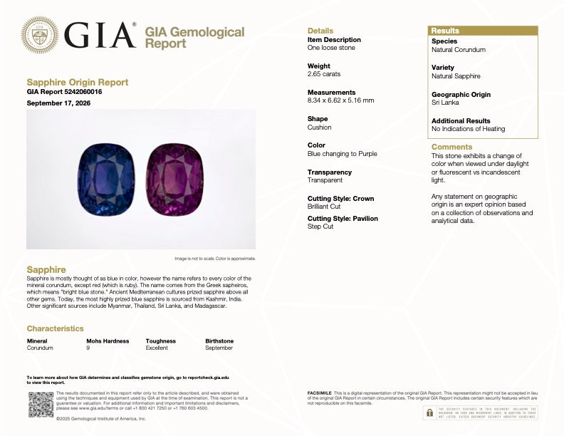 GIA Gemological Report for 2.65 ct purple sapphire, cushion cut, no heat