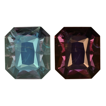 Octagon-cut alexandrite gemstones, one blue-green and one purple, close-up pair