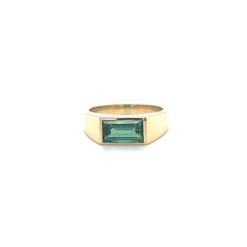 14k yellow gold tourmaline signet ring with rectangular green gemstone