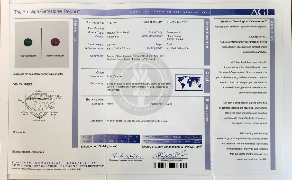 Gemstone report certificate document for an alexandrite stone