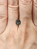 Small oval-cut sapphire shown on a hand, with dark gray-green facets