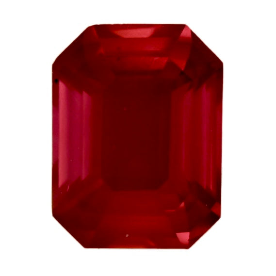 Red ruby gemstone, emerald-cut octagon, polished facet view