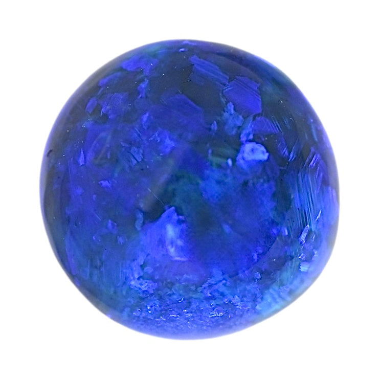 Round blue opal cabochon with vivid blue color and glittering inclusions