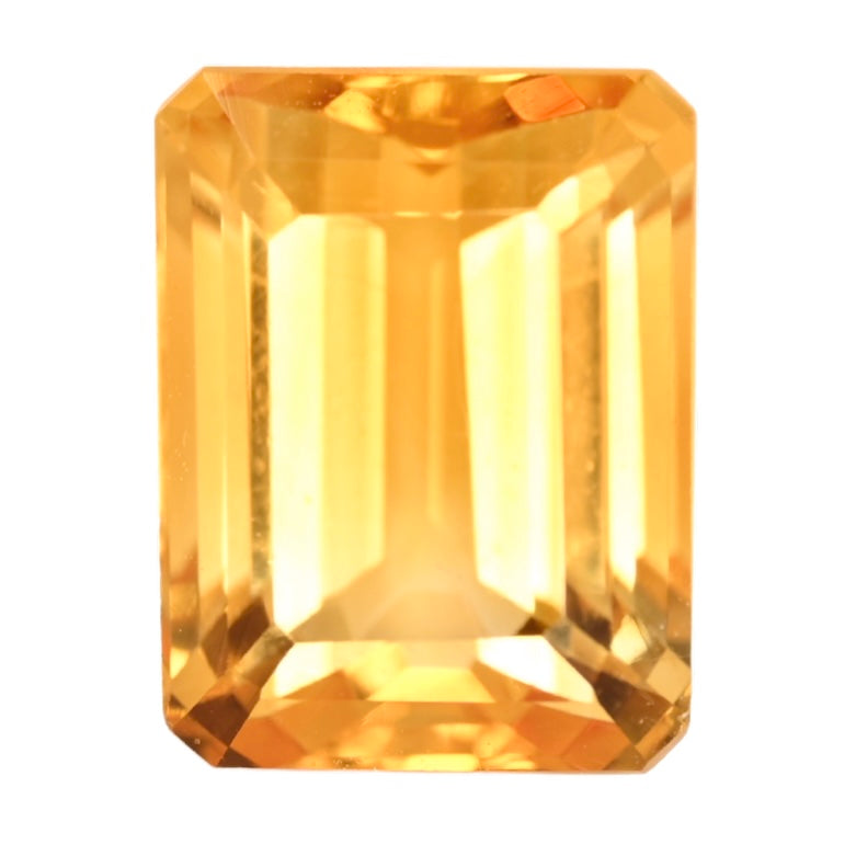 Emerald-cut citrine gemstone, golden yellow faceted square