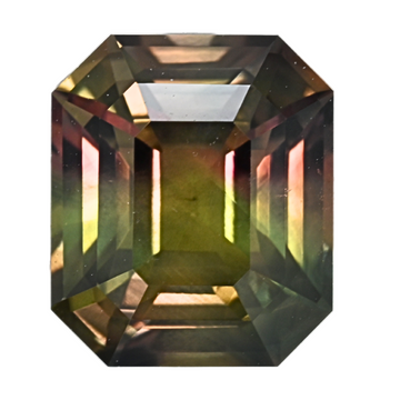 Emerald-cut bi-color sapphire gemstone, faceted dark green and purple
