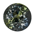 Round faceted green sapphire gemstone with dark smoky tones and bright light reflections