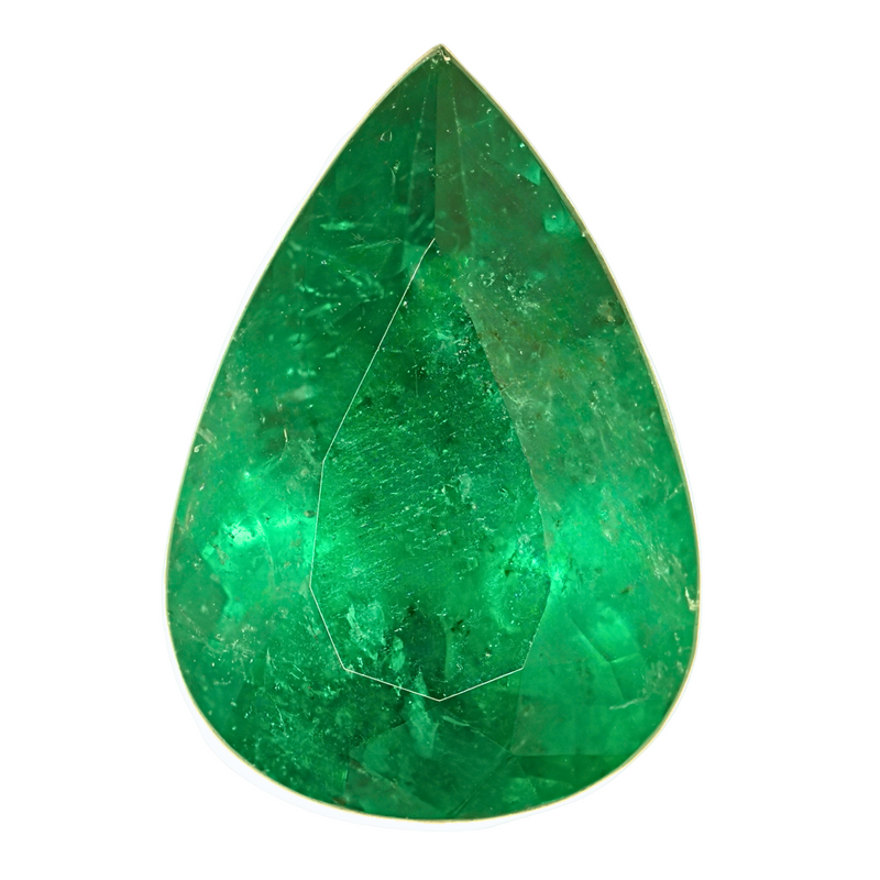 Teardrop emerald gemstone with visible inclusions, vivid green facets