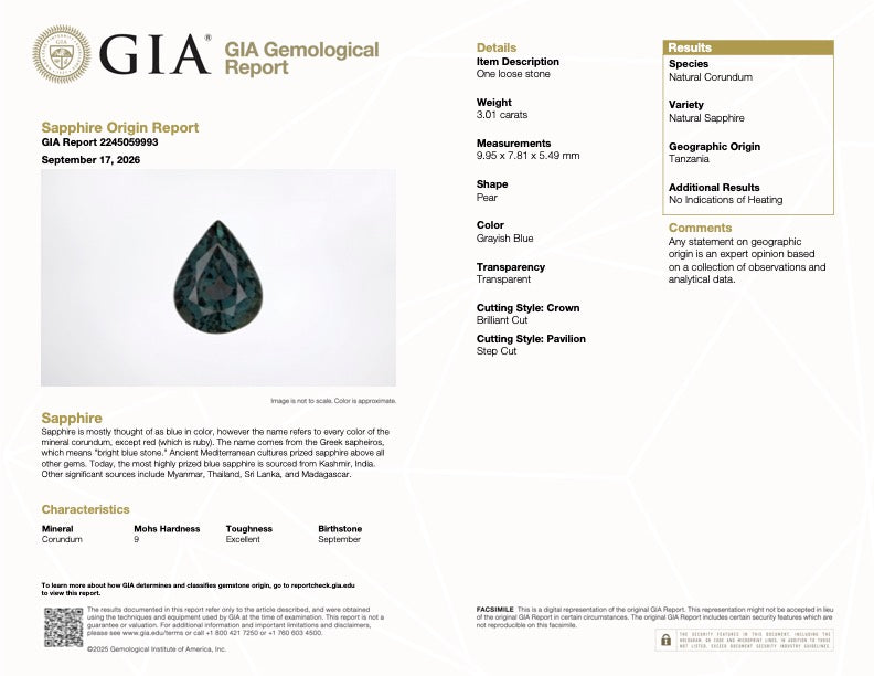 GIA Gemological Report document showing sapphire details