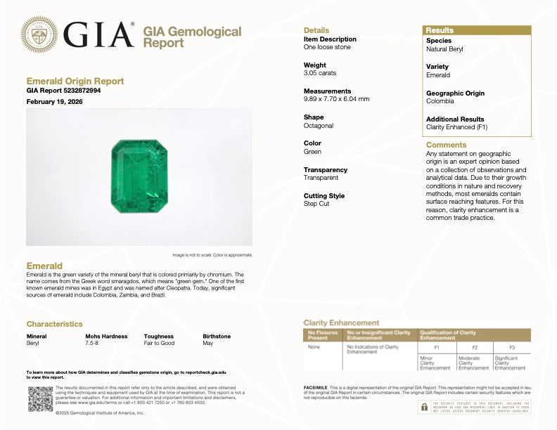 GIA Emerald Origin Report showing grading details and emerald photo