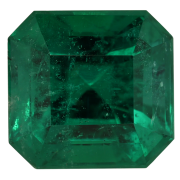 Emerald-cut green gemstone with octagonal step-facet pattern, centered view