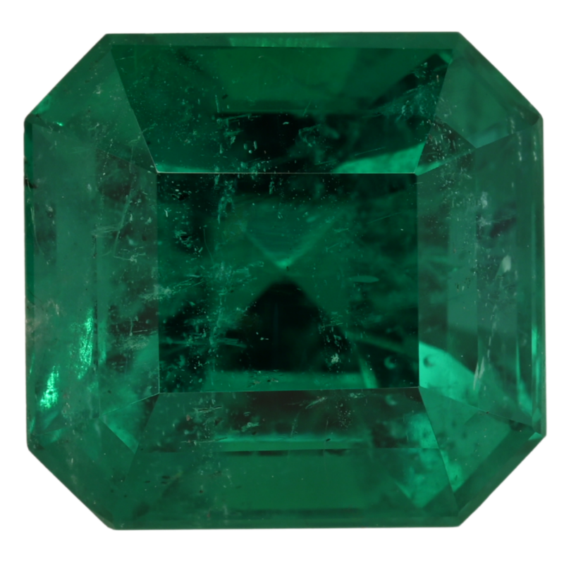 Emerald-cut green gemstone with octagonal step-facet pattern, centered view