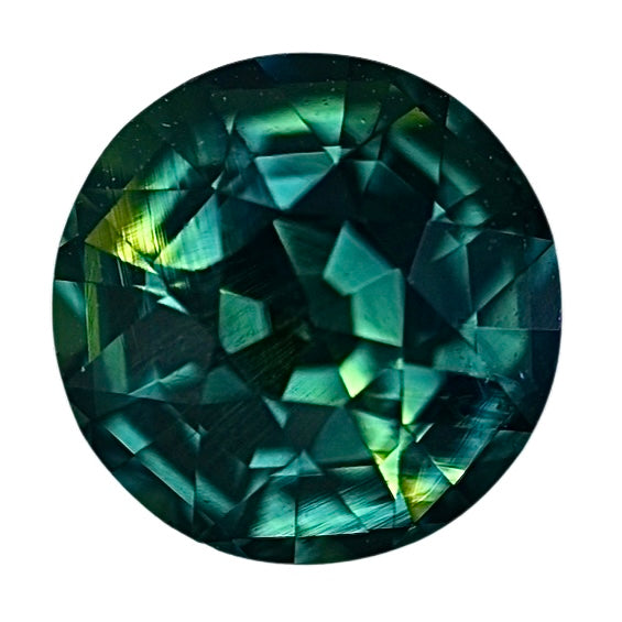 Round teal sapphire gemstone, faceted for sparkle with deep green-blue tones