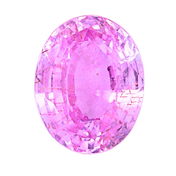 Close-up oval pink sapphire gemstone with faceted facets and glitter