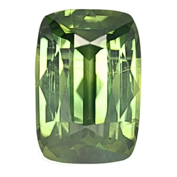 Green sapphire gemstone, cushion-cut with faceted step design