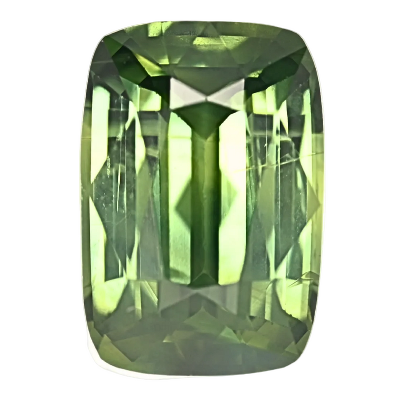 Green sapphire gemstone, cushion-cut with faceted step design