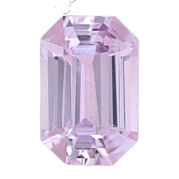 Close-up of light pink emerald-cut sapphire gemstone facets