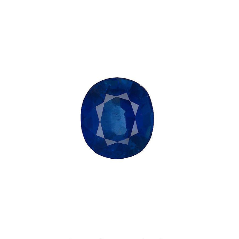 Round faceted blue sapphire gemstone on white background