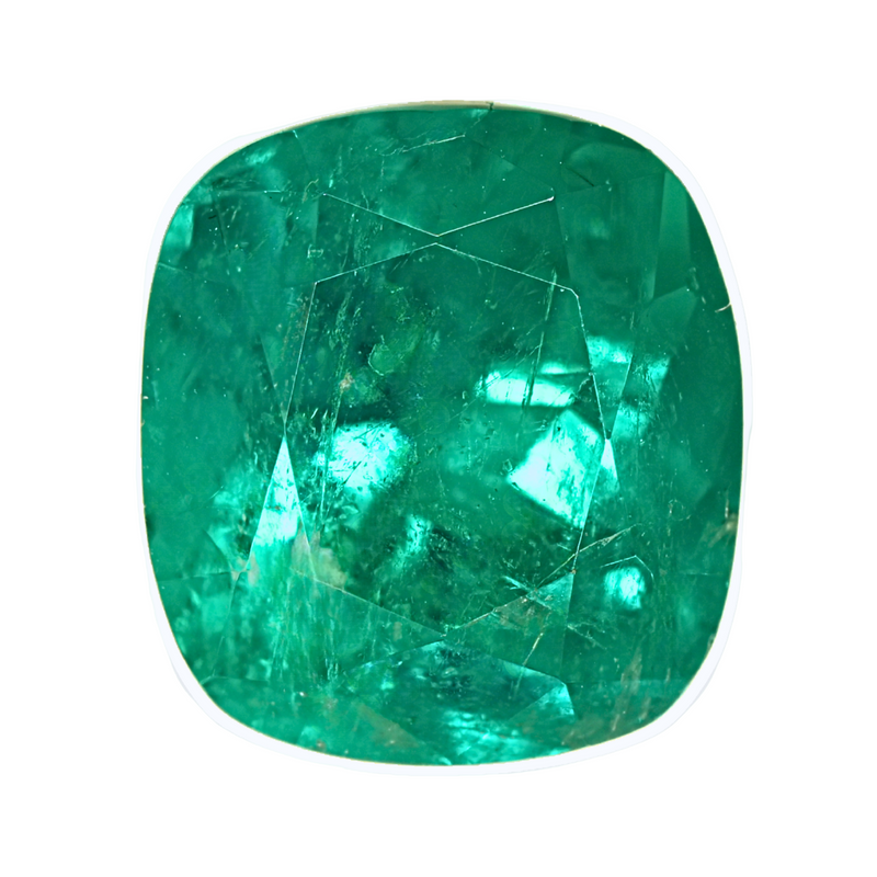 Cushion-cut emerald gemstone, vivid green with prismatic facets