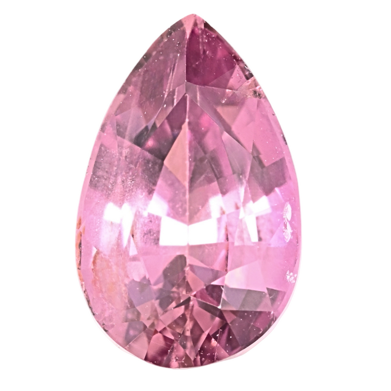 Pear-cut pink-purple sapphire gemstone, teardrop shape with faceted interior