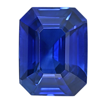 Emerald-cut blue sapphire gemstone, close-up step-facet table