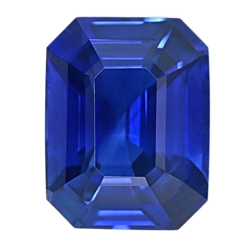 Emerald-cut blue sapphire gemstone, close-up step-facet table