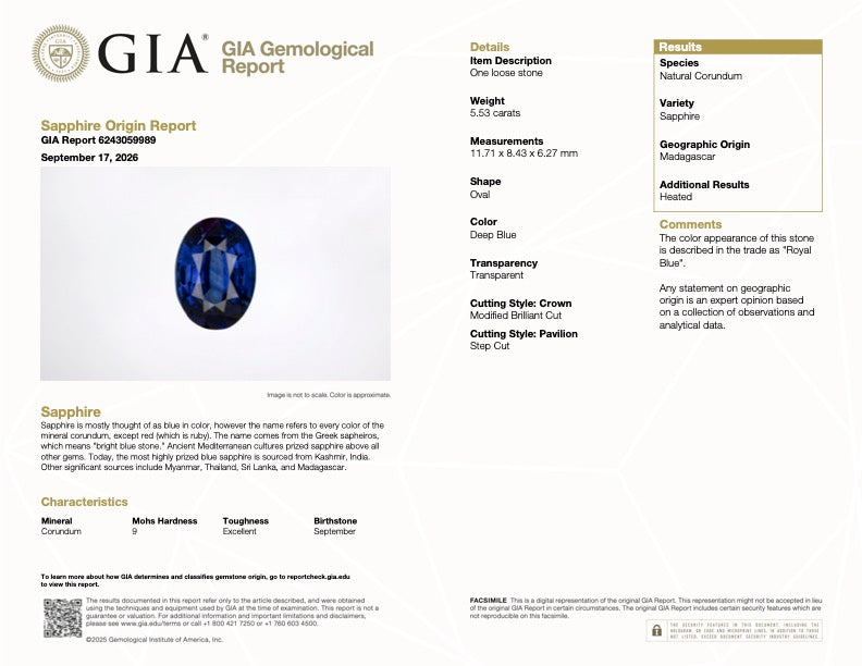 GIA sapphire grading report with oval blue sapphire gemstone photo