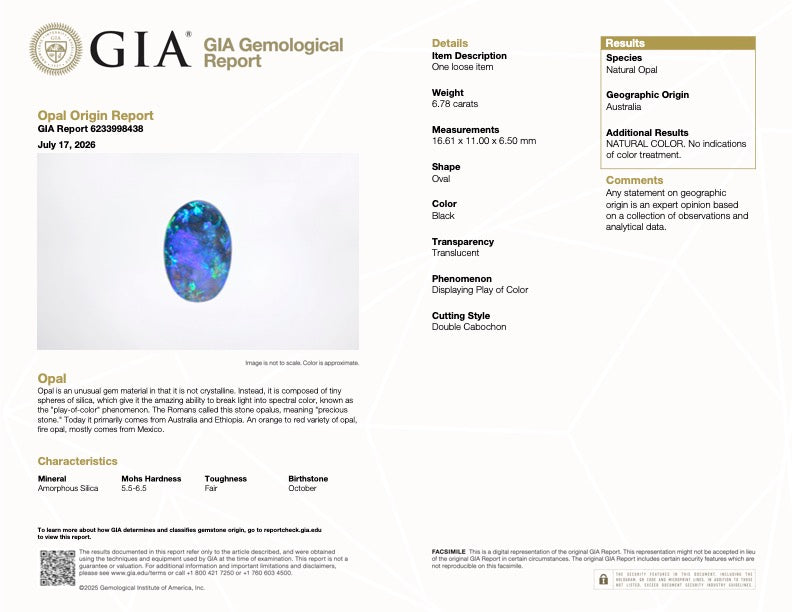 GIA Gemological Report for oval opal gemstone with printed details and photo