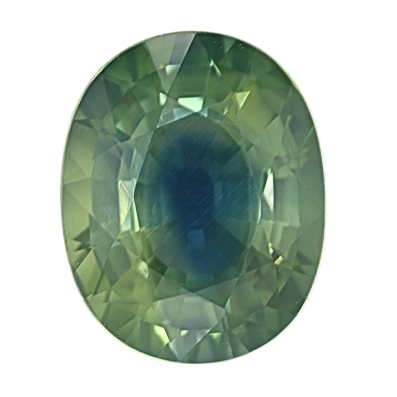 Oval green-teal sapphire gemstone, close-up facets