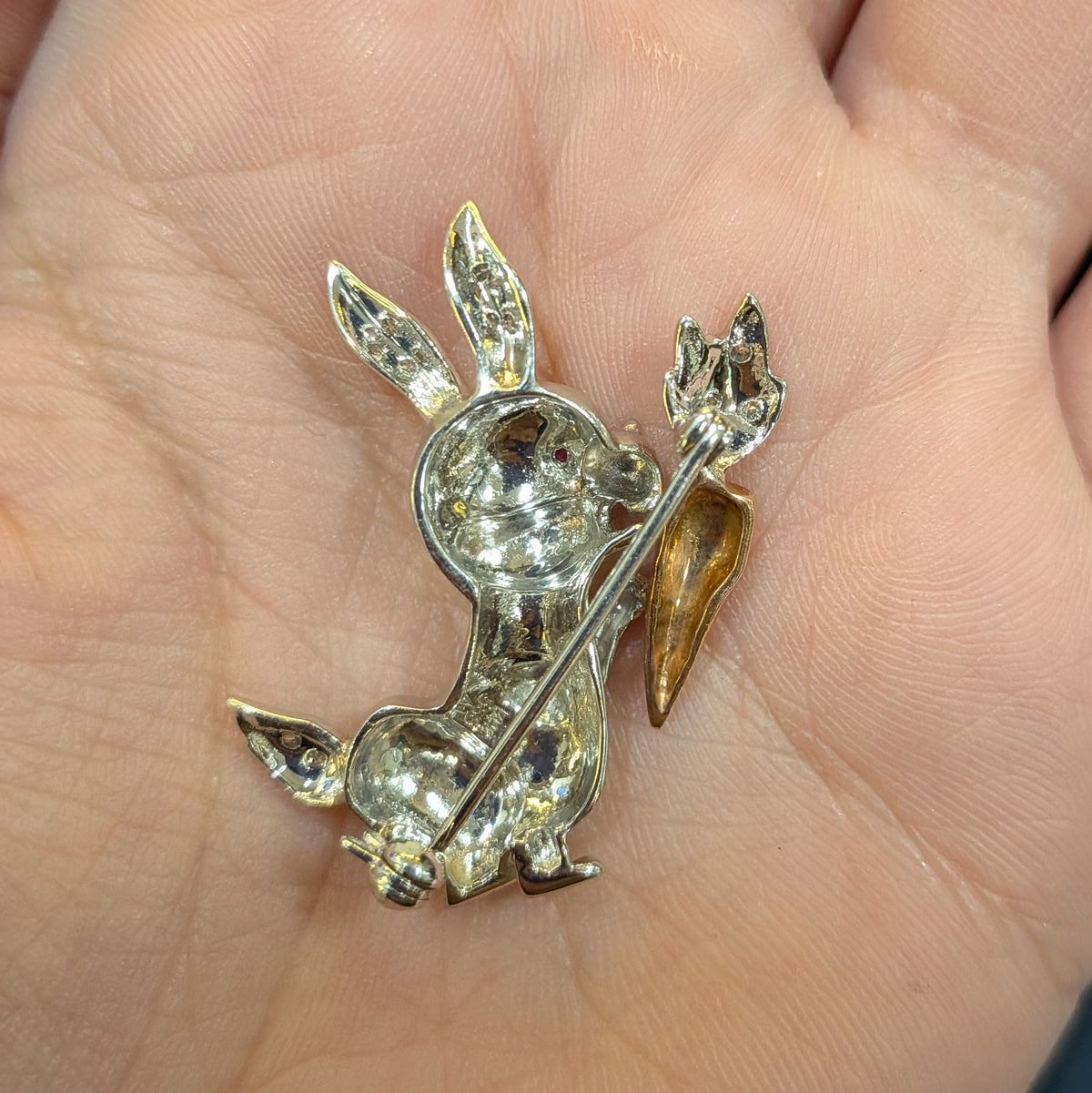 14k rabbit lapel pin with carrot, gold-tone bunny with crystal accents