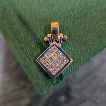 Two-tone gold square diamond pendant with large clustered diamonds and hinged bail top.