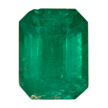 Emerald-cut green gemstone, octagonal facets and step-cut table