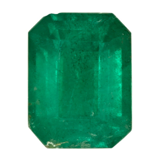 Emerald-cut green gemstone, octagonal facets and step-cut table