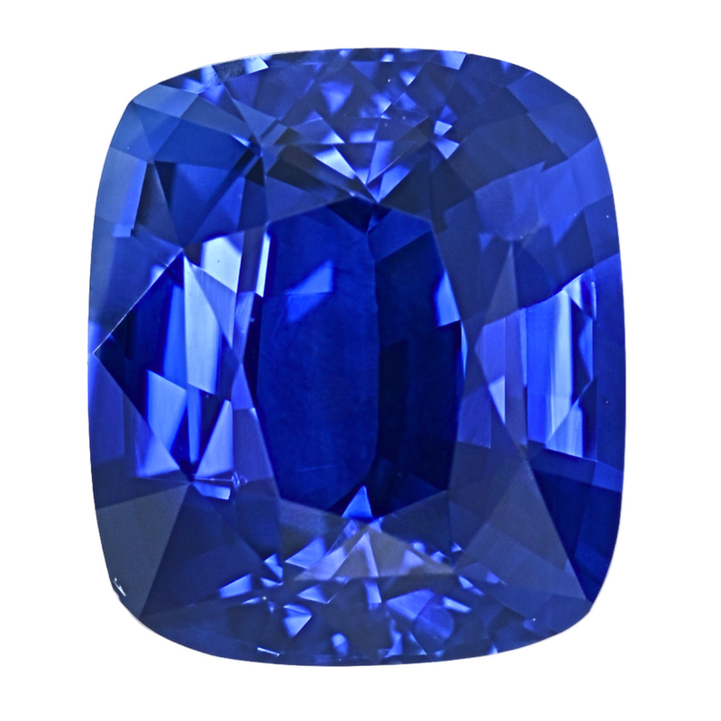 Cushion-cut blue sapphire gemstone close-up, faceted facets