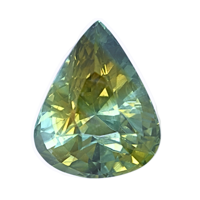 Facet-cut teal and yellow pear-shaped bi-color sapphire gemstone
