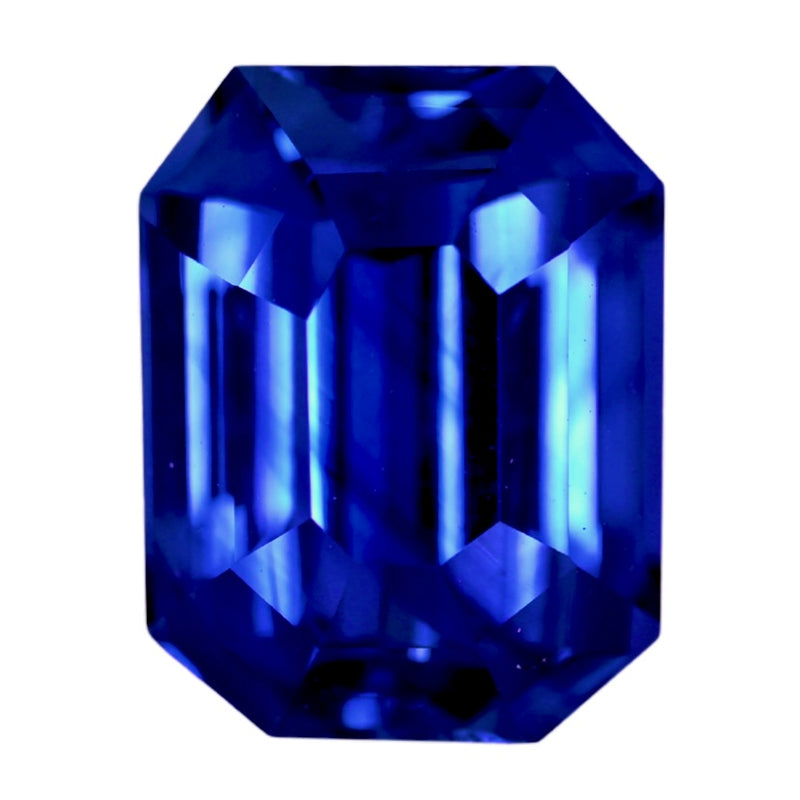Blue sapphire gemstone, emerald-cut, deep royal blue, faceted